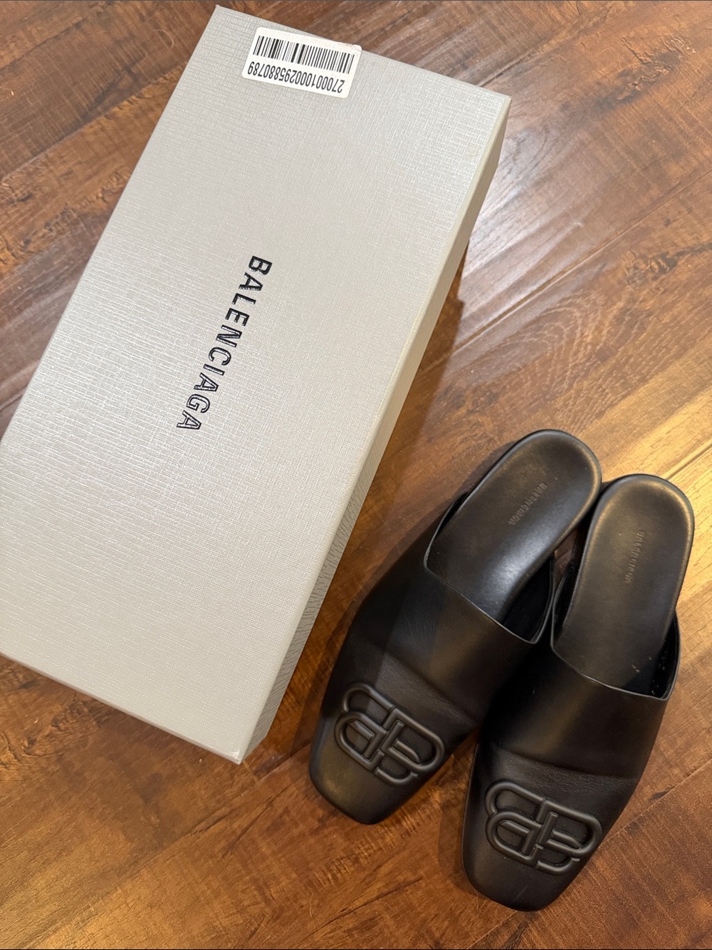 Balenciaga Black Leather Logo Slide Mules